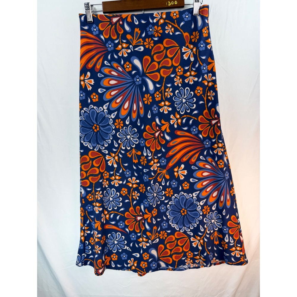 Sigrid Olsen Womens XS Blue Orange Floral Paisley Midi Skirt Retro A-Line
